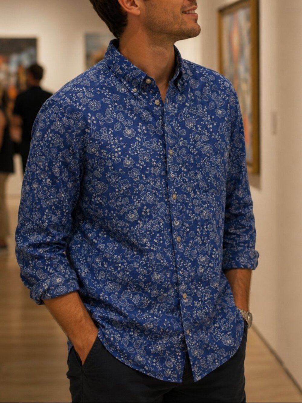 Bushwacker Vintage Mens Button Down Blue Floral Shirt 100% Cotton  Size Small